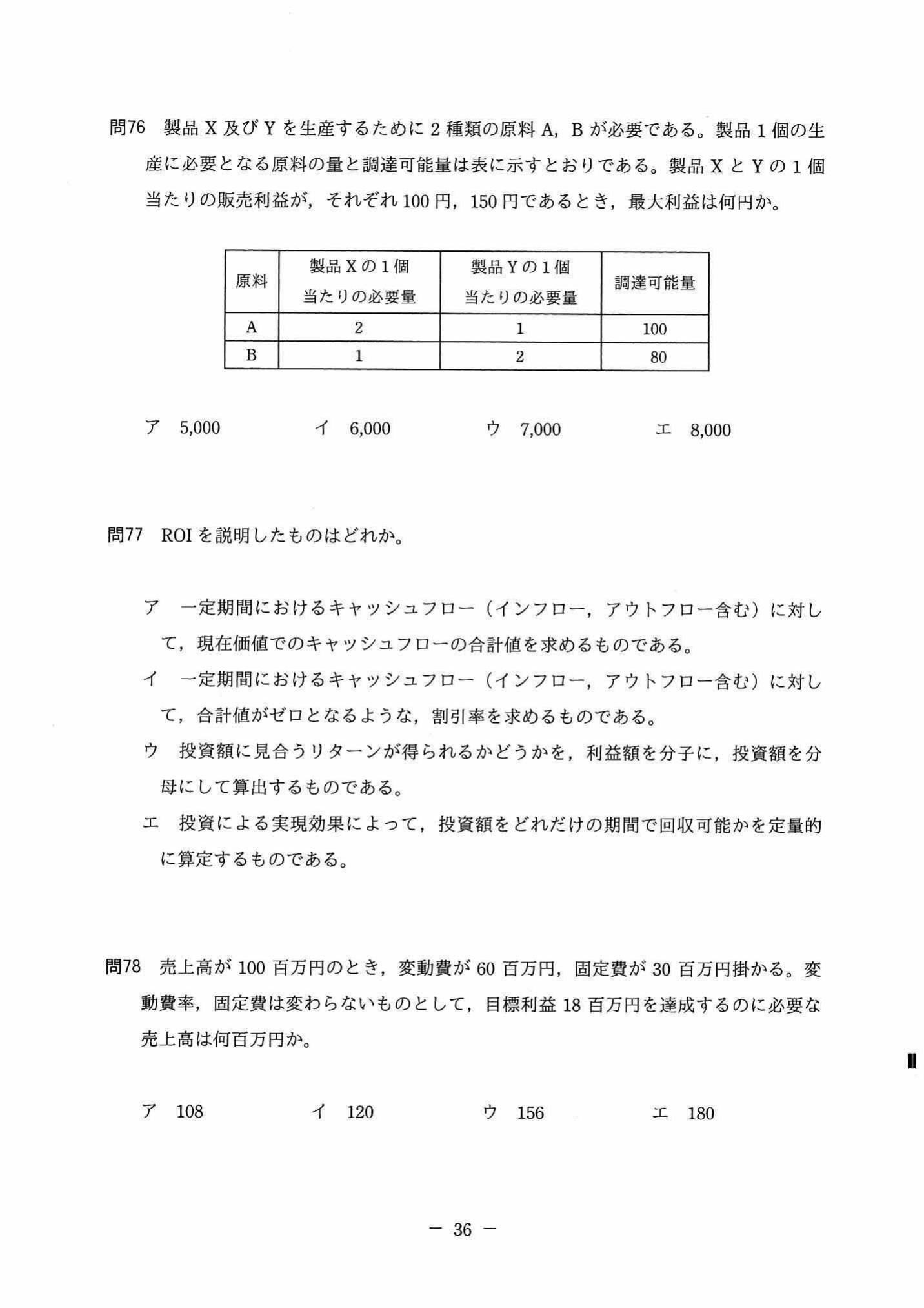 製品X,Yの原料必要量と調達可能量の表。原料A: X=2,Y=1,可能100、原料B: X=1,Y=2,可能80。